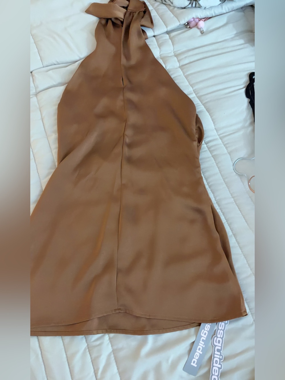 Missguided Satin Halter Neck Mini Dress With Open Back Brown